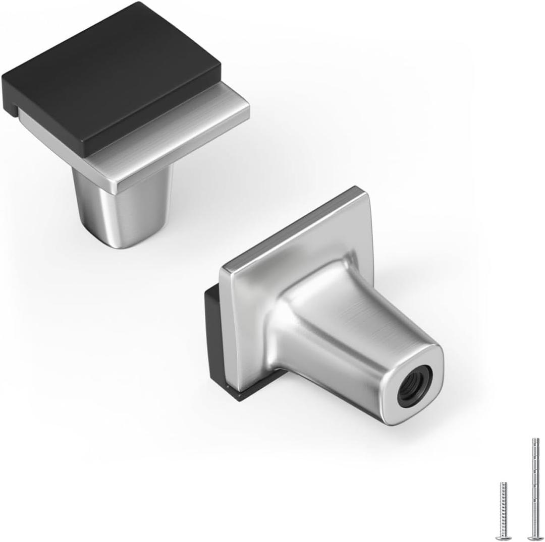 Rergy 10 Pack Brushed Nickel Cabinet Knobs Sliver Cabinet Knobs Black and Brushed Nickel Drawer Knobs and Pulls Square Zinc Alloy Hardware for Door Bedroom Dresser (Single Hole)