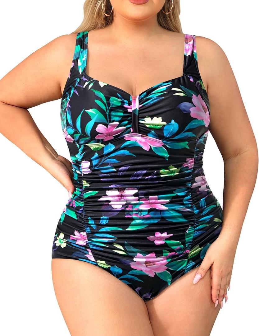 Daci Women Plus Size One Piece Swimsuits - Tummy Control Retro Ruched Bathing Suits Vintage Swimwear (18+)