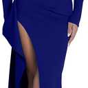 Memoriesea Women's One Shoulder Long Sleeve Cocktail Maxi Dress | High Slit,Asymmetric Neckline,Bodycon Ruched Dress,Sexy Wedding Guest Party Dress,Homecoming,Vacation,Dinner,Black Tie Event (Blue, S)