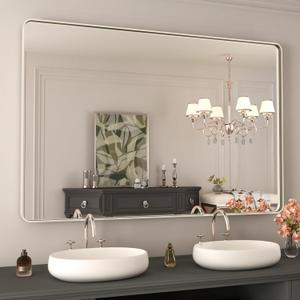 WEER 48X32 Inch Brushed Nickel Bathroom Mirror, Brushed Silver Metal Frame Mirror, Rounded Rectangle Silver Bathroom Vanity Mirror, Tempered Glass, Anti-Rust, Hangs Horizontally or Vertically