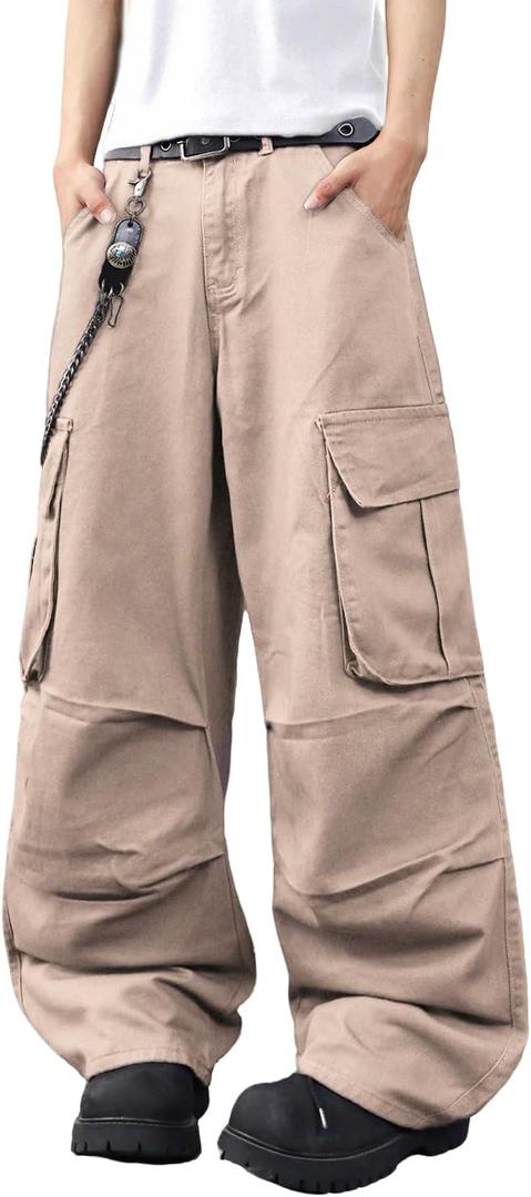 DFGIGT Mens Denim Baggy Pants with Cargo Pockets Mid Weight Casual Streetwear Wide Leg Jeans Hip Hop Skater Trousers (Beige, M)