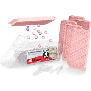Emporio Kitchen Round Ice Cube Tray Set Pack of 4, BPA-Free Stackable Trays with Lid & Tongs, 104 Ice Balls Per Tray for Whiskey, Drinks, and Cocktails, Quick Release Round Ice Cube Mold, Pink