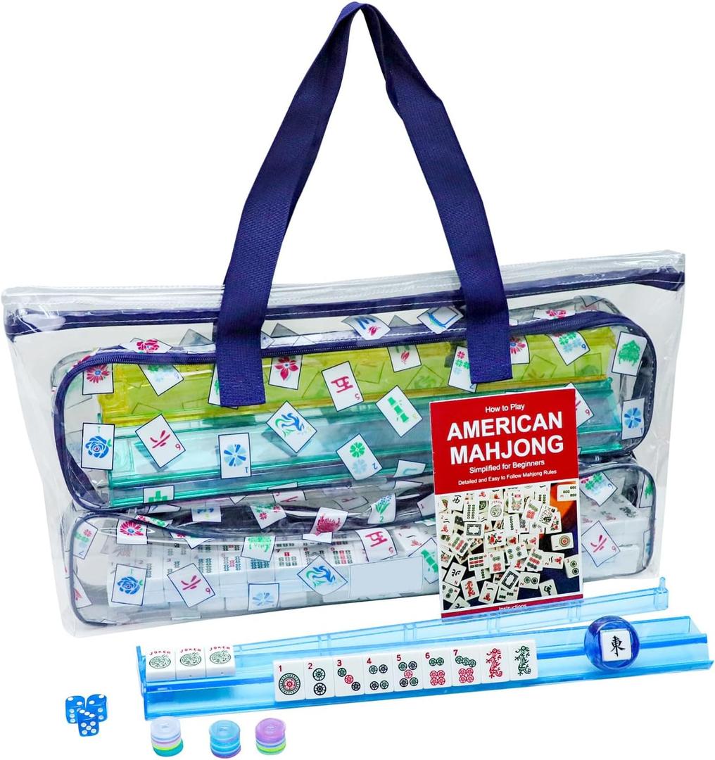 American Mahjong Tile Set with Clear Bag, 166 White Tiles, 4 All-in-One Rack/Pushers, Mahjong Set (Ma Jong, Mah-Jongg)