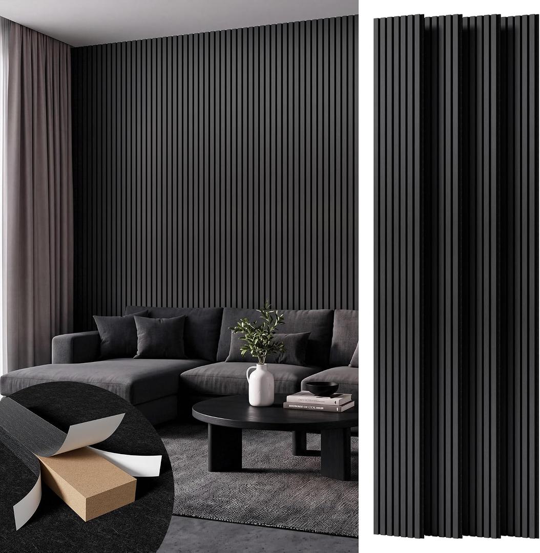 Amsleekey 4-Pack 108″x11″ Acoustic Wood Slat Wall Panels, 8 Hooks, Black, 108 x 11 in - 4 pcs