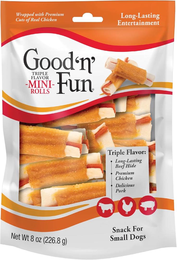 Good 'n' Fun Triple Flavor Mini Rolls, 8 Ounce, Treat Your Small Dog to a Long-Lasting Rawhide Chews