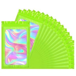 FITIMOR 100 PCS Mylar Holographic Bags, Clear Resealable Bags, Scent Proof Bag, Bracelet Bag, Valentines Day Decorations Gift Baggies for Lipgloss, Eyelash, Jewelry Packaging | Green, 2.9x4.7 Inch
