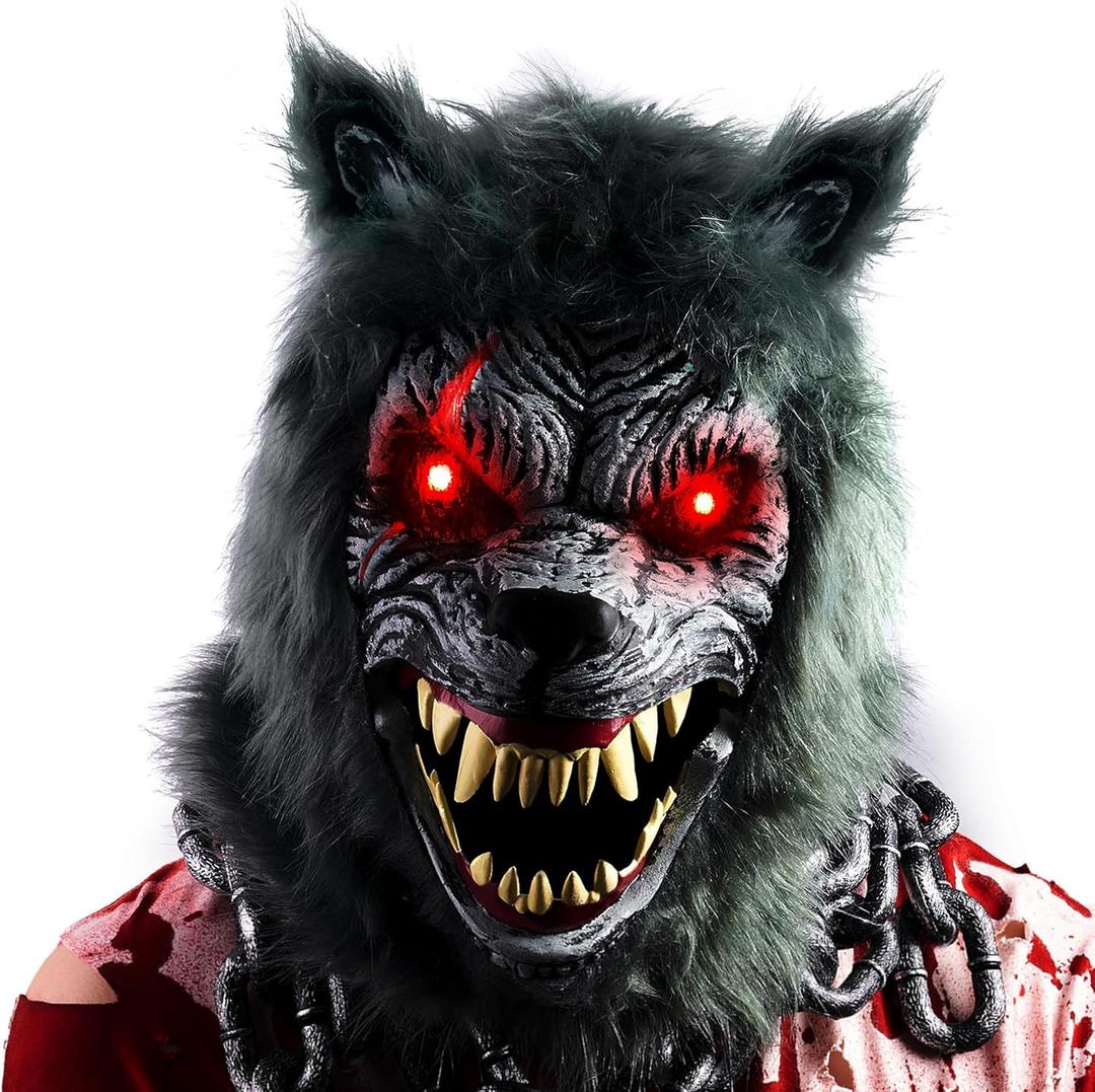 Spooktacular Creations LED Halloween Wolf Werewolf Mask with Movable Jaw, Light Up Halloween Scary Mask for Adult Holiday Horror Cosplay, Glow in the Dark Costume Accessories, Party Dress Up Prop