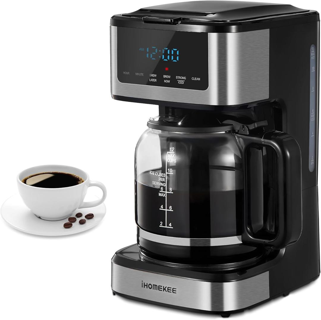 Ihomekee Coffee Maker, Programmable Drip Coffee Maker 12 Cup, Regular & Strong Brew Drip Coffee Machine with Iced Coffee Function for Home and Office, Black & Stainless Steel (Black, Silver)