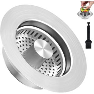 3-in-1 Kitchen Sink Drain Strainer Stopper, Upgraded Stainless Steel Sink Plug with Anti-Clog Filter Basket, Fits Standard 3-1/2 Inch Drain Hole, Pop Up Garbage Disposal Cover, Universal Food Catcher (Silver)