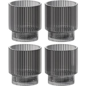 American Atelier Vintage Art Deco Fluted Drinking Glasses, Set of 4 Modern Kitchen Glassware Set | Old Fashion Tumbler for Cocktails and Water | Ribbed Lowball Glass Cup for Whiskey (Smoke Grey)