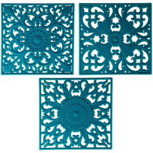 Silicone Trivets Mats for Hot Pots and Pans, Square Microwave Non Slip Mat for Table or Counter, Multi-Use Carved Hot Pads and Mats, Heat Resistant Big Teapot Coaster Set of 3 Teal