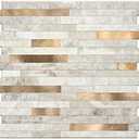 KASARO 6-Sheet Peel and Stick Backsplash Tiles for Kitchen, Marble Beige with Vintage Golden Embellished Stripes, Self-Adhesive Aluminum Wall Tile Stick on Bathroom, Fireplace, RV