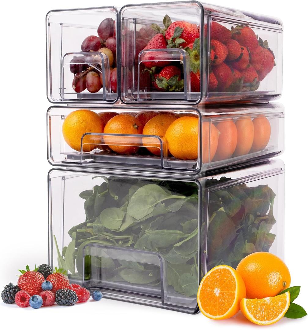 Wysepack Fridge Drawer Organizer 4-Pack – Durable Modular Stackable Refrigerator Storage System with Strong Design for Efficient Kitchen and Pantry Organization