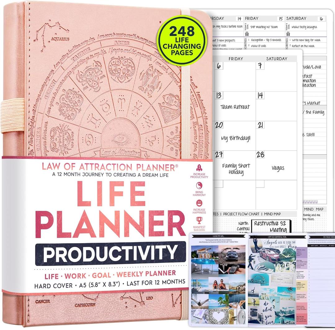 Life Planner - Undated Weekly & Monthly Planner, 12-Month Journey to Increase Productivity | Gratitude Journal, Life Organizer & Goal Journal | Include Foldable Vision Board, Habit Tracker & Stickers (A5 (Undated) 5.8" x 8.3", Rose Gold)