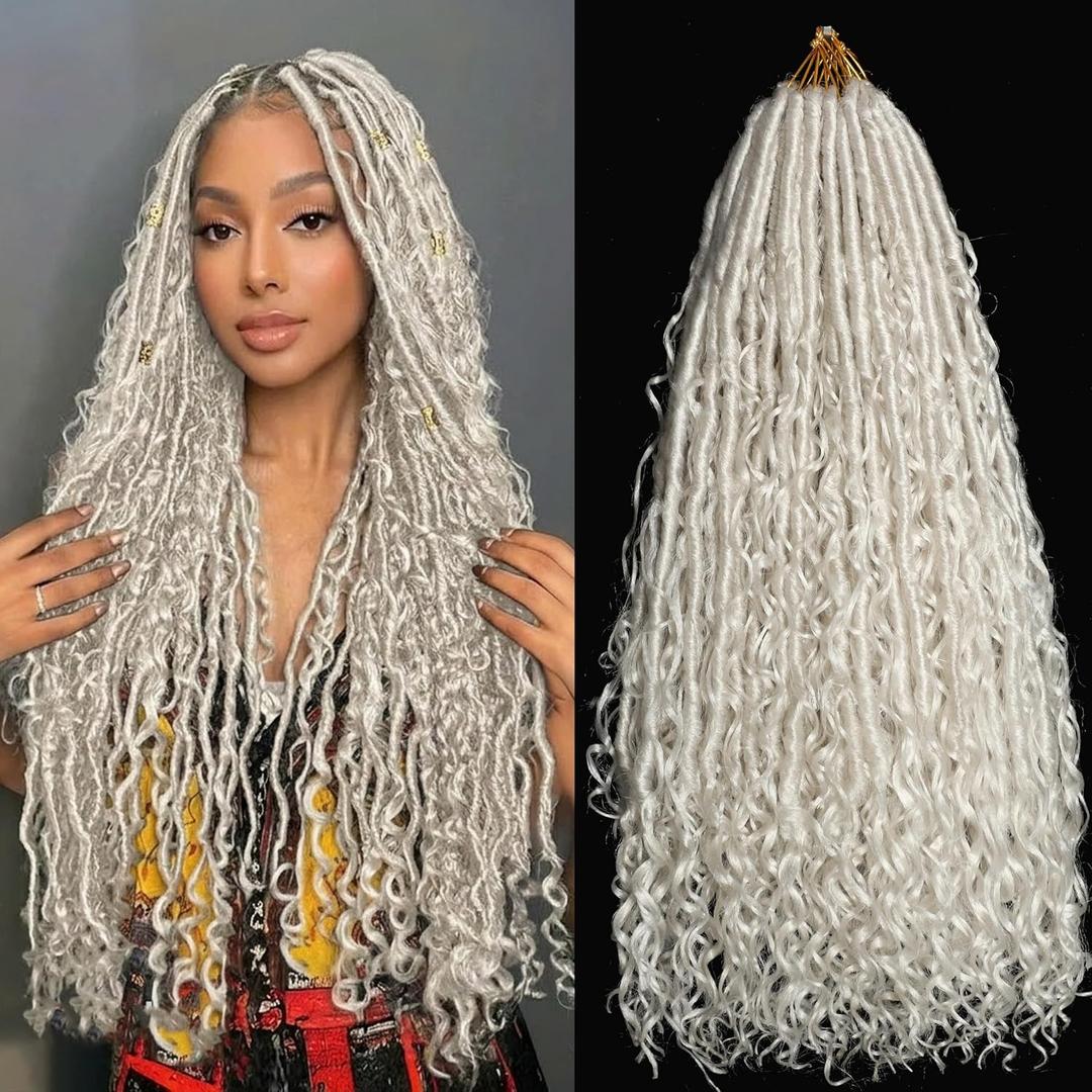 Silver White Goddess Locs Crochet Hair 7-Pack Pre Looped Braiding Hair 84 Strands Grey Bohemian Faux Loc Boho Braids River Loc Dreadlocs Hair for Black Women (Silver white, 24 Inch(Pack of 7))