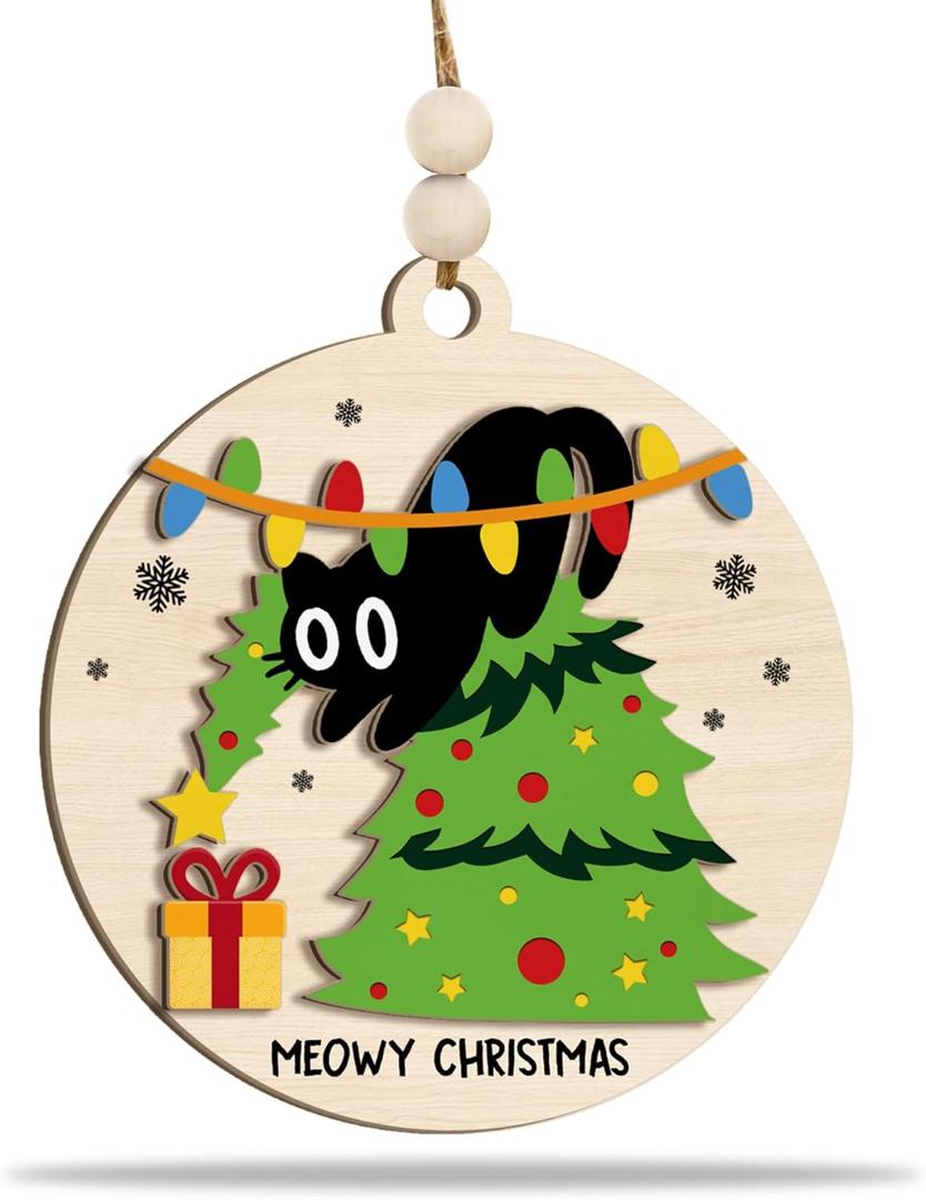 3 x Funny Cat Ornament 2025  Meowy Christmas Ornamnet Wooden Round Holiday Decoration in Tree for Cat Lovers, Pet Owners & Funny Christmas Tree Dcor