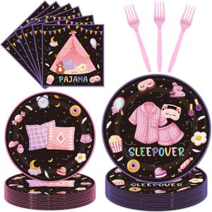 96PCS Sleepover Plates and Napkins Party Supplies Pajama Party Decorations Sleepover Party Supplies for Girls Slumber Themed Disposable Tableware Set Serve 24 Guests