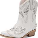 Rhinestone Ankle Cowboy Boots for Women Embroidered Short Cowgirl Boots with Low Heel Side Zipper Comfortable Chunky Heel Western Booties for Prom Party Wedding Pull On Shoes (7.5, White)
