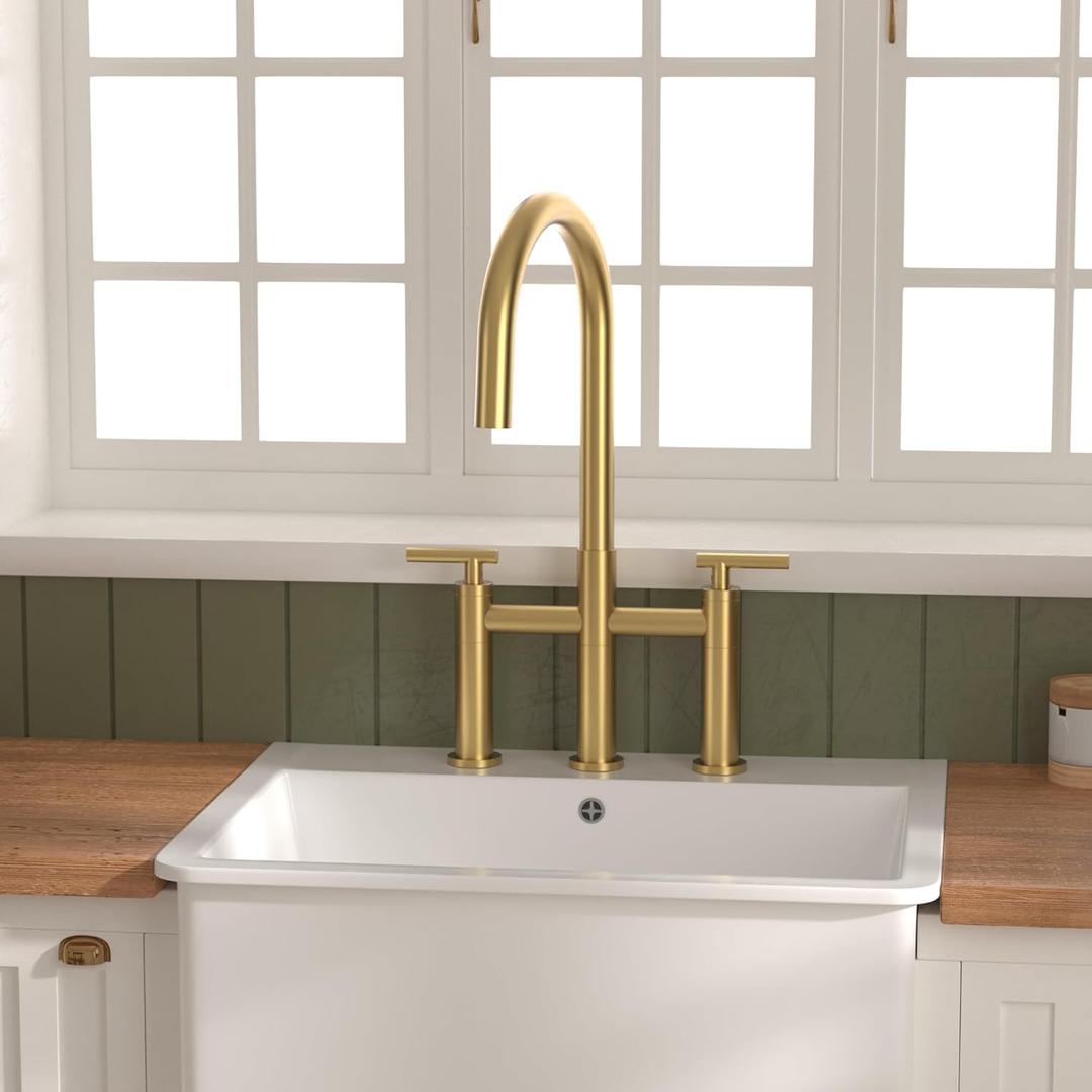 ARRISEA Gold Bridge Kitchen Faucet with Pull Down Sprayer 2 Handles Kitchen Sink Faucet, 8 Inch installtion 3 Hole Kitchen Sink Faucet Suitable for Farmhouse Camper Laundry Rv Bar Brushed Gold