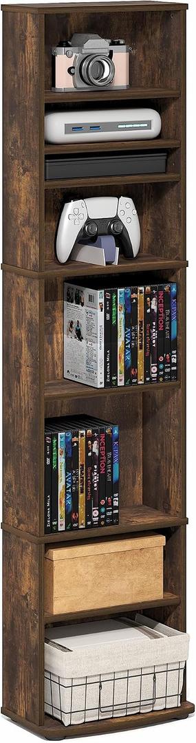 Furinno Jaya DVD Shelf, 8-Tier Tall Narrow CD Rack, Media Shelf with Adjustable Shelves, DVD Storage Cabinets for CD Blueray Game Disc, Easy Assembly, for Living Room, Home Office, Amber Pine, 7.8 D x 12.8 W x 54.1 H inches