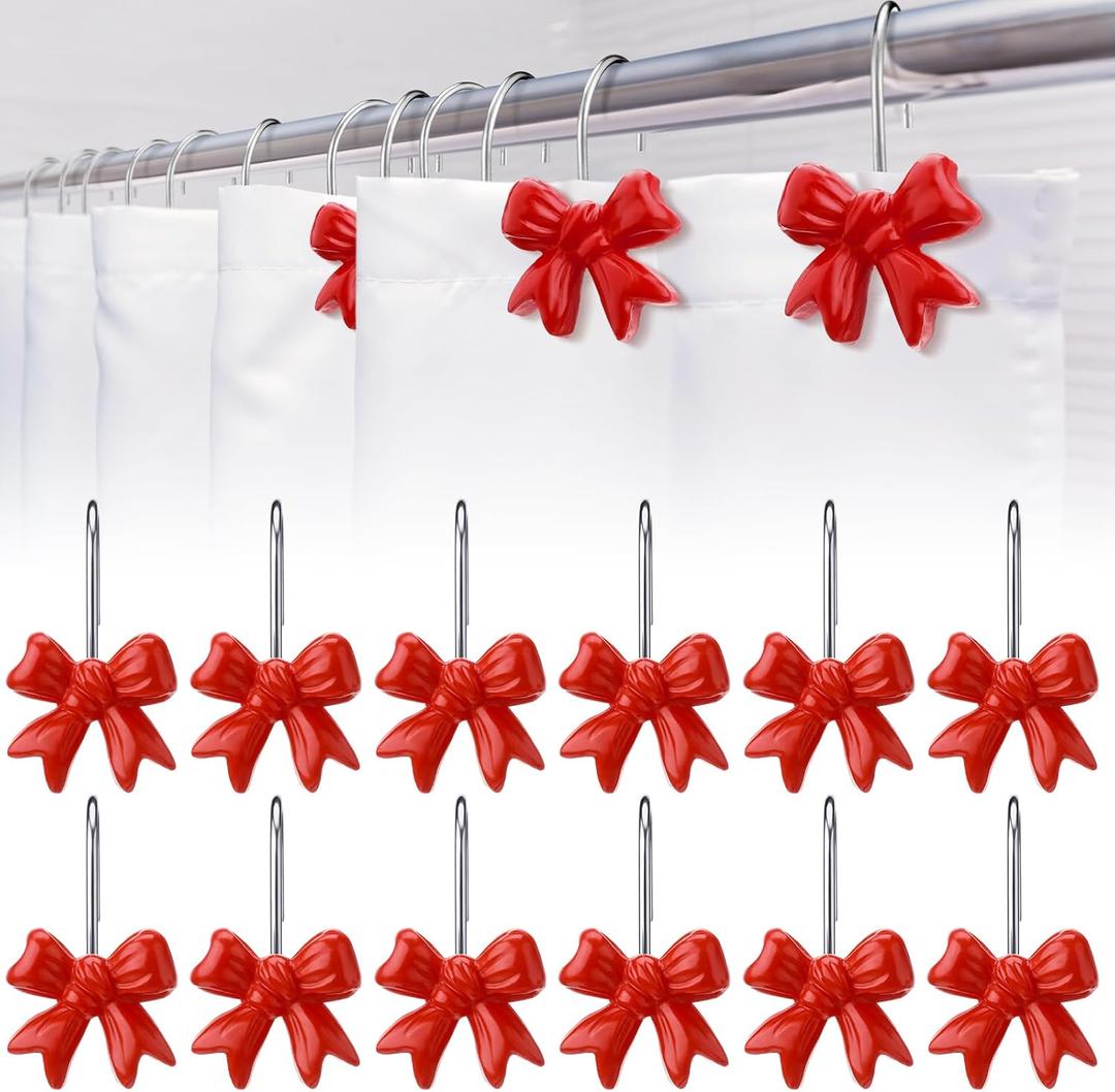 12 Pcs Valentine's Day Red Bow Knot Shower Curtain Hooks Rustproof Metal Decorative Shower Hangers Bulk Glide Curtain Rings for Bathroom Bedroom Living Room Art Decor (Classic)