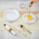 Bestluck 700PCS Gold Plastic Plates for 100 Guests, Disposable Dinnerware Sets Include 200 Gold Rim Plastic Plates, 100 Silverwares, 100 Cups, and 100 Pre Rolled Napkins for Party, Wedding, Graduation