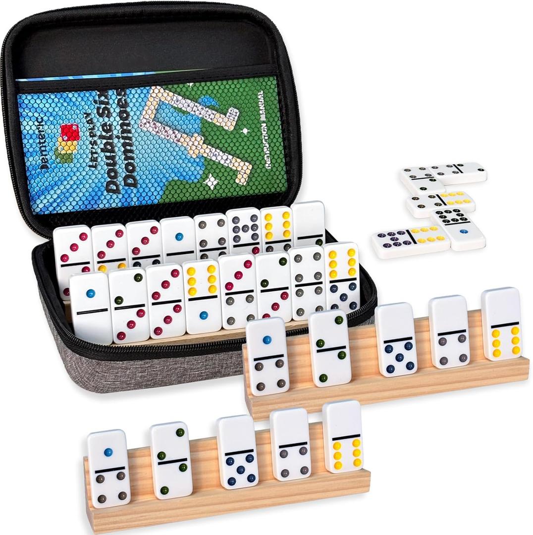 Upgraded Dominoes Double 6, 28 Dominos Tiles, 4 Wooden Holders/Racks Travel Memory Table Game with Portable Case for 2-4 Players Classic Family Board Games for Adults, Kids