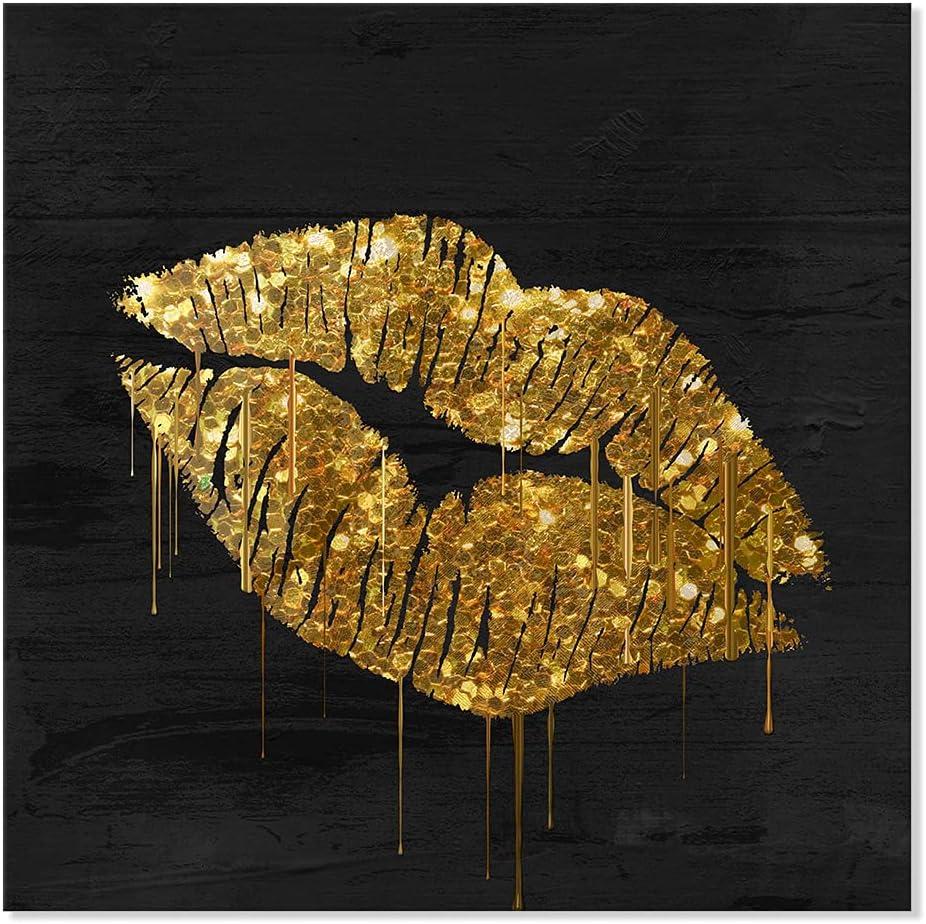 7CANVAS Gold Wall Decor Black and Gold Lip Canvas Wall Art Fashion Glam Poster Kiss Picture for Bedroom Bathroom Wall Decoration Ready to Hang 32x32Inch (32L" x 32W")