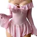 Sexy Lingerie for Women Rave Outfits Clubwear See Through Lingerie Sets Bell Sleeve Ruffle Mesh Tops (Small, Pink)