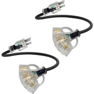 2FT 2 Pack 12 Gauge 3 Outlet Outdoor Extension Cord 12/3 Heavy Duty SJTW Power Cord 3 Way Waterproof Power Cable 3 Prong Grounded with Light 12AWG 15Amp 1875W ETL Listed