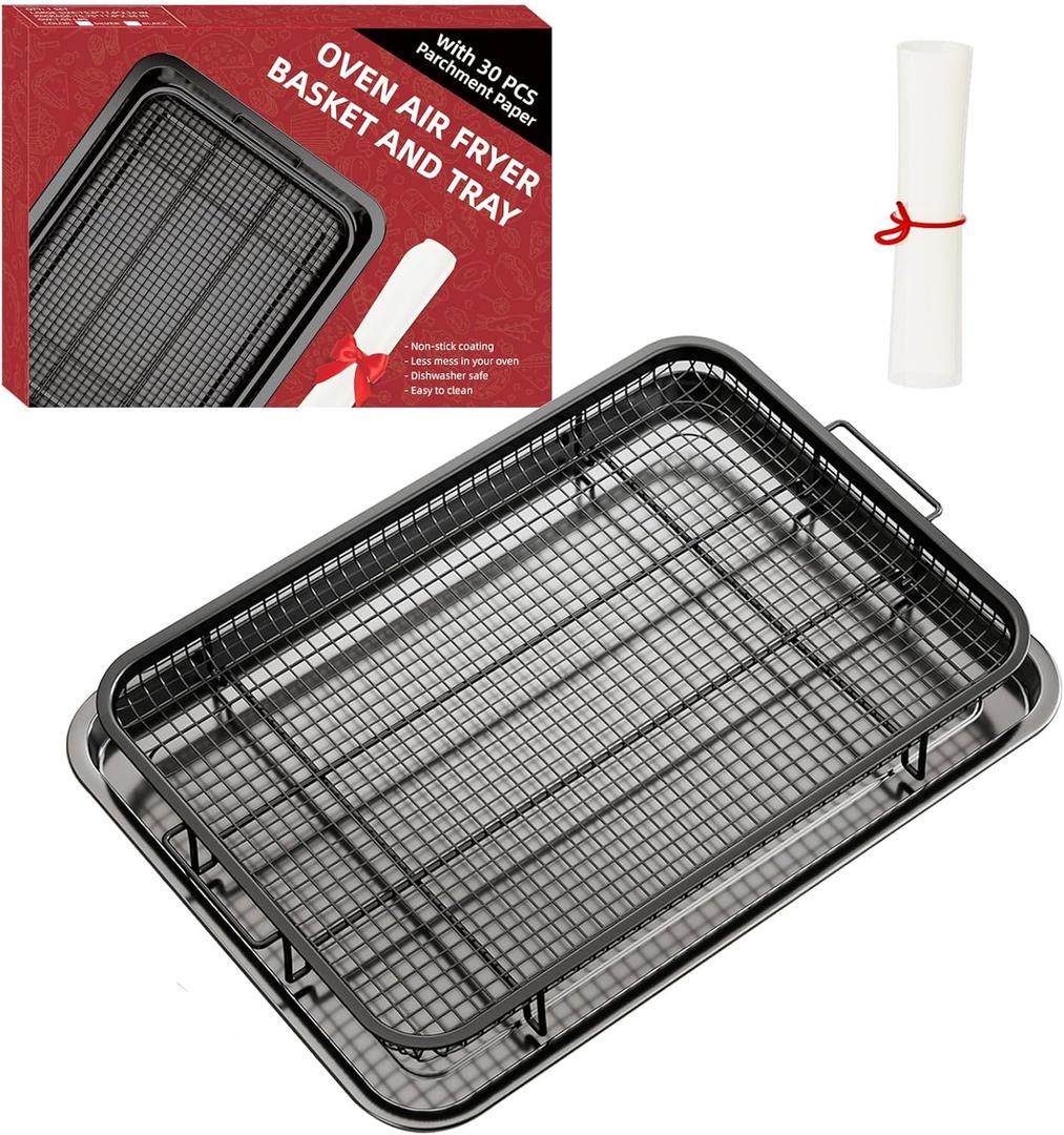 Oven Air Fryer Basket and Tray, Large 15.7"  11.6" Air Fryer Pans for Oven with 30 Sheet Parchment Papers, THORSES Crisper Tray Durable Non-stick Stainless Steel Air Fryer Basket for Oven - Black