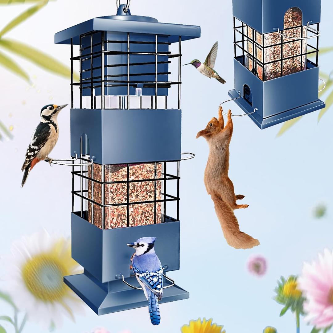 Squirrel Proof Bird Feeder,3.5Lbs Metal,4 Hanging Ports for Cardinal Finch | Weight-Activated Shutoff Blocks Squirrels & Pigeons.Chew-Proof Build For All Weather.Large Capacity,Fast Refilling & Cleaning