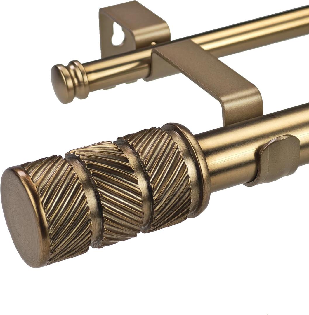 1-1/8 Inch Diameter Antique Gold Curtain Rods with Knurl Design Finial, 36-72 inch Telescoping Double Curtain Rods for window width 24-68 inch, Drapery Rods for Bedroom,Living Room