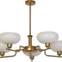 Mid Century Hanging Modern Chandelier, 5-Light Sputnik Globe Glass Ceiling Light Fixture Adjustable Hanging Farmhouse Chandelier with Milk White Glass Shades for Dining Room Living Room Bedroom