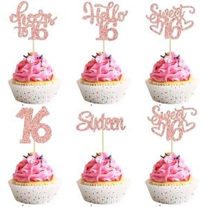 30Pcs 16th Birthday Cupcake Toppers Sixteen Happy 16th Cupcake Picks Cheers to 16 Sweet 16 Cake Decorations for Anniversary Party Supplies Rose Gold Glitter