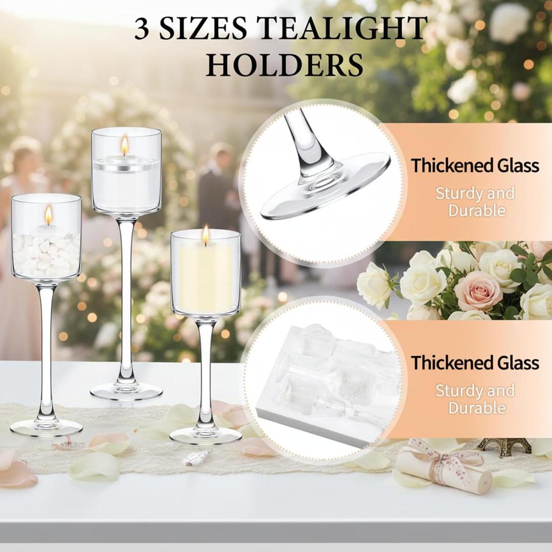 Yaomiao 3 Pcs Tall Glass Candle Holder Floating Candles for Centerpieces Clear Tall Tea Light Candleholders for Wedding Party Dining Bathroom Table Pillar Settings, 3 Sizes 7.87"& 9"& 10.2" H