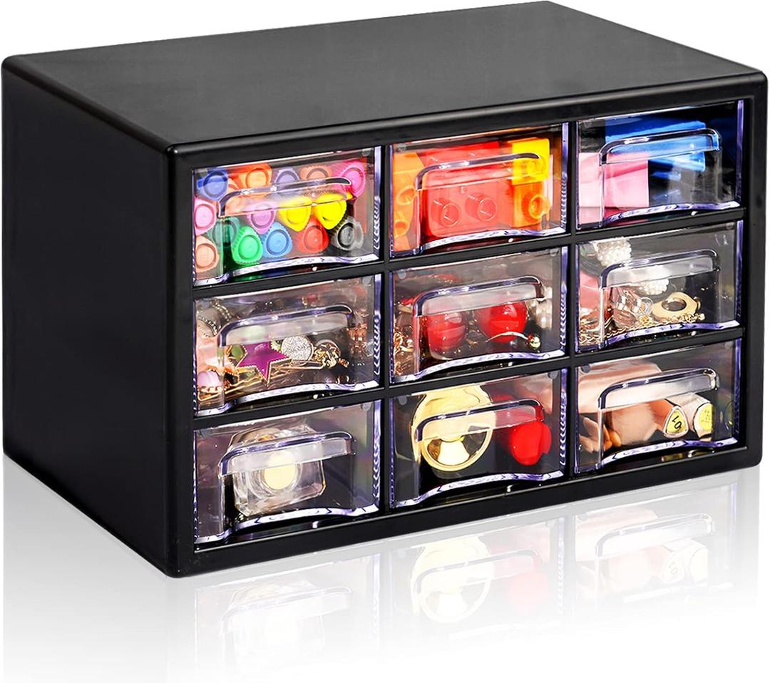 Desk Storage Organizer with 9 Drawers, FODIENS Stackable Desktop Craft Drawer Cabinet, Clear Storage Box Caddy for Makeup Jewelry Office Craft Supplies (9.846.35.9in) (Black)