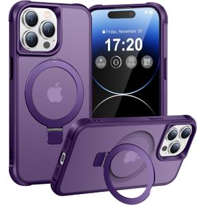Magnetic Ring Stand Case for iPhone 14 Pro Max - 120° rotatable Stand, N52 Magnet, Non-Slip, Easy to Clean, Shockproof, Matt Transparent Back, Military Standard Drop Protection (Violet)