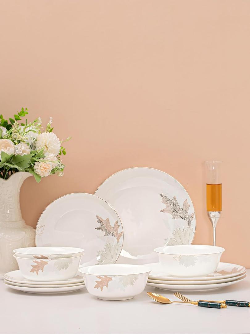 Artistic Bone China Dinnerware Set with Gold Trim, Handcrafted Jingdezhen Design, Glazed Inner Patterns, Service for 4 Maple Leaf Collection, Leaf