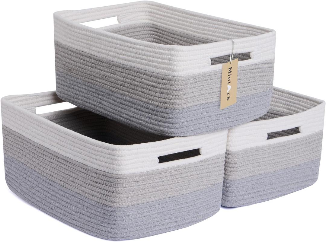 MiniArk Large Storage Baskets for Shelves, Closet Organizers Bins for Clothes Blanket Towels, Baby Nursery, Toy Baskets Box, Woven Rope Baskets, 17 x 13 x 7.5, 3 Packs Gradient Grey