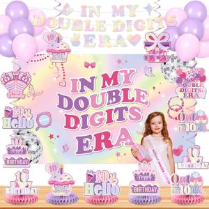 Iridescent 10th Birthday Decorations for Girl In My Double Digits Era 10th Birthday Banner Backdrop Honeycomb Centerpiece Balloons Hanging Swirl Out Single Digits I'm 10 Sash Party Supplies Decor