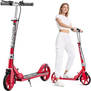 Scooters for Kids 8-12, Teens & Adults - Lightweight, Foldable, 8-Inch Big Wheels, Hand Brake & Bell, 4 Adjustable Height Levels, 240 lbs Max Load, Perfect for School, Campus and Park Rides (Red)