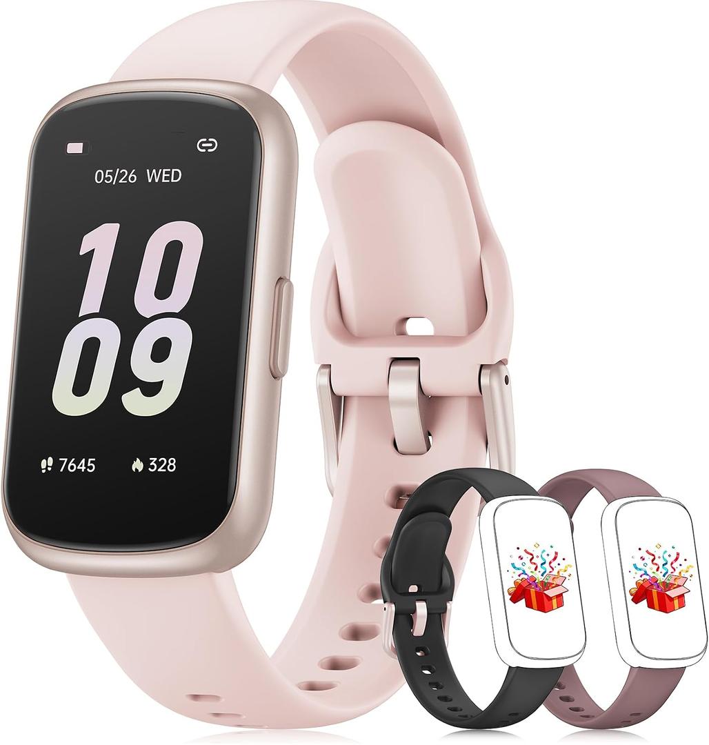 Fitness Tracker with 24/7 Heart Rate Monitor, Sleep Tracker - 3 ATM Waterproof Fitness Watch Calorie Step Counter Smart Watch Includes 3 Sport Bands for Android iOS Women Men, Mystic Rose