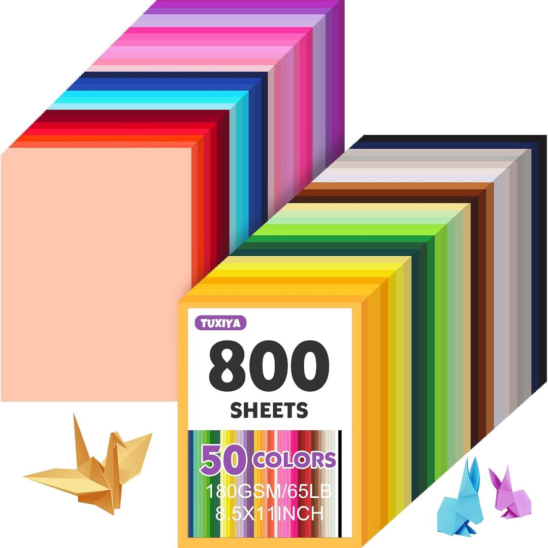 800 Sheets 8.5" X 11" Colored Cardstock, 50 Assorted Colors Construction Paper Card Stock Printer Paper for Printing, Card Making, DIY Crafts, School Supplies,Party Decorations (180GSM/65LB)