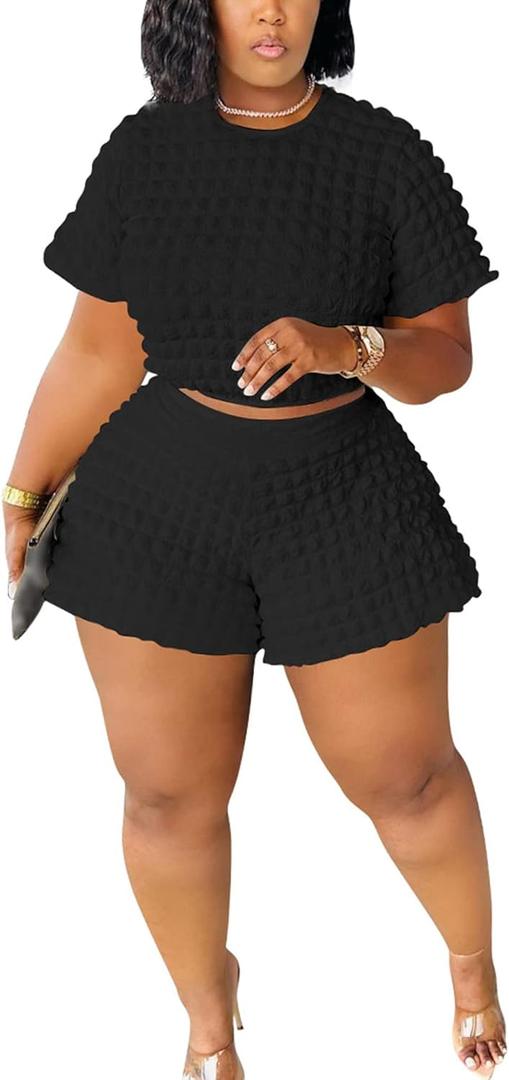 Doweha Womens Two Piece Short Sets for Summer Cute 2 Piece Outfits 2026 Casual Short Sleeve Crop Top And Shorts Matching Sets (3X-Large, Black)