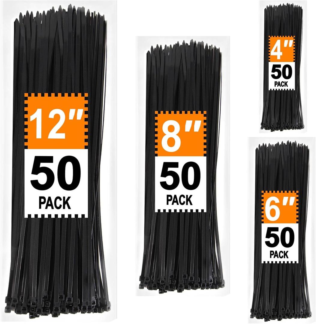 Zip Ties Assorted Sizes 4+6+8+12 inch, 200 Pack, Black Cable Ties, UV Resistant Wire Ties for Indoor and Outdoor Use, LOCKLOCK