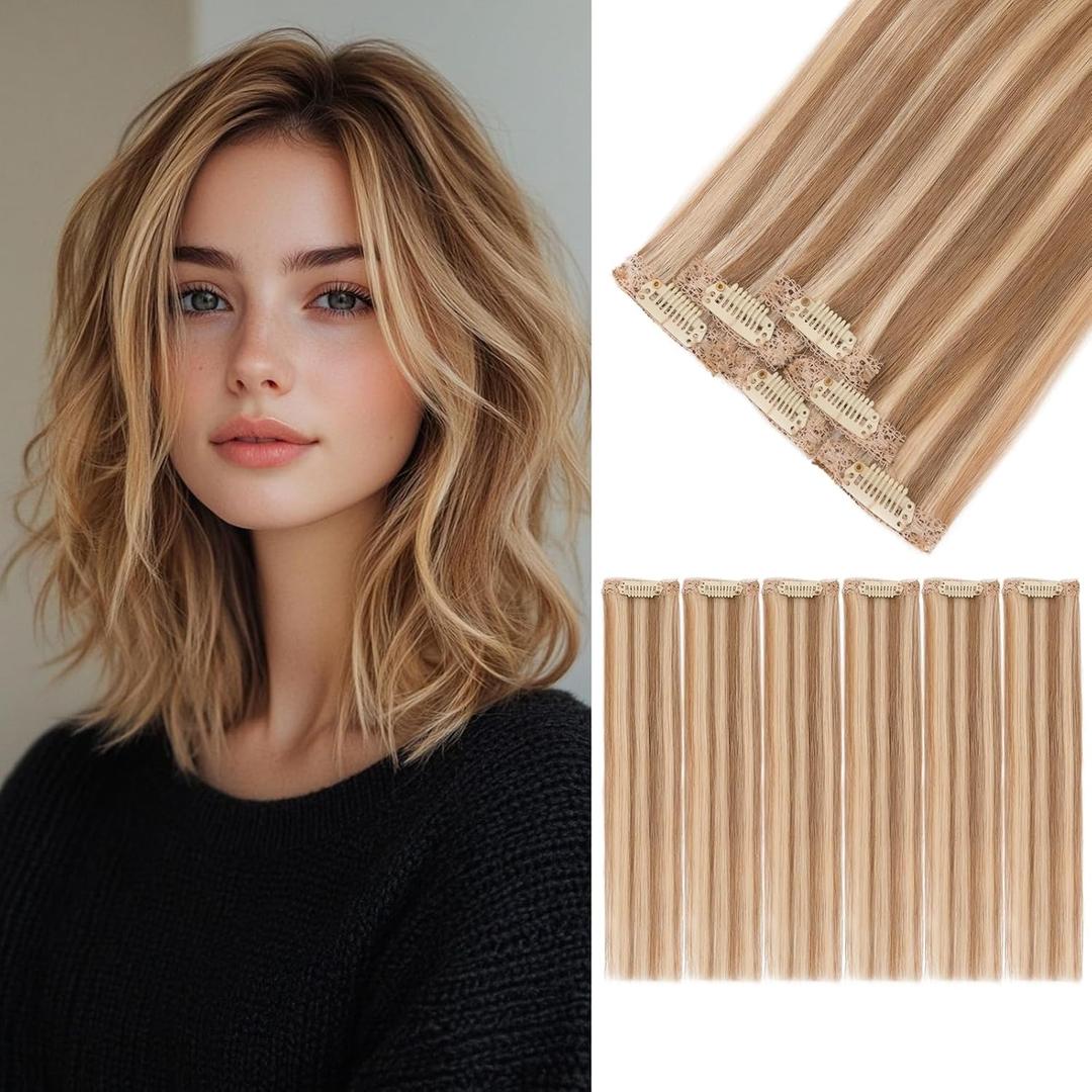 S-noilite 6Pcs Clip in Human Hair Extensions,Remy Single Short Clip in Hair Extensions 6Pcs 6clips Straight Seamless Hairpieces for Women 10Inch 31g #6P613R (Light Brown Mix Bleach Blonde(Short))