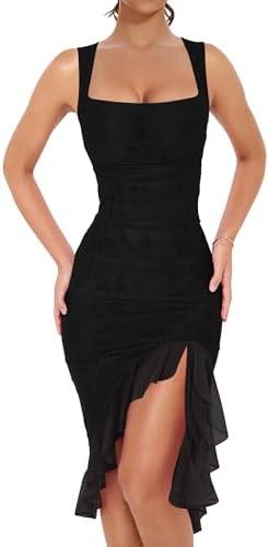 BORIFLORS Women's Sexy Ruched Bodycon Midi Dresses Square Neck Sleeveless Ruffle Hem Club Party Tank Dress Black XS