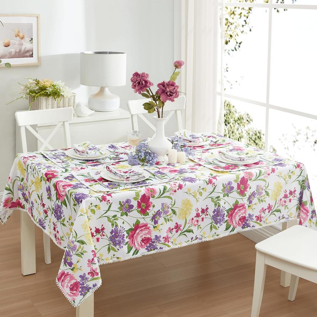 Newbridge Sophia Pom Pom Rectangle 60 x 102 Inch Fabric Tablecloth, Wrinkle and Stain Resistant Pink and Purple Floral Table Cover for Indoor Outdoor Dinner Parties (Multi Color)