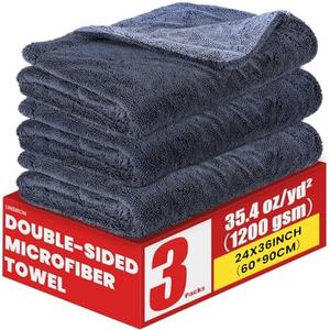 LINSIRON Car Drying Towels 3 Pack Microfiber for Cars 24 x 36 Inch Extra Large 35.40 oz/yd² （1200 GSM） Absorbent Drying Towels Car Detailing Wash Double Layer Plush （60 * 90cm）